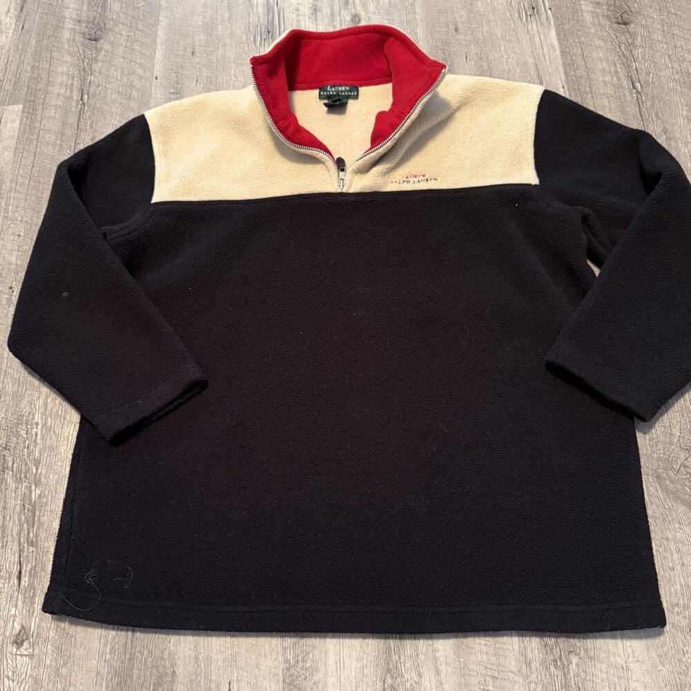 Lauren Ralph Lauren 1/4 Zip Fleece Pullover Women Medium Black Beige Quarter USA - Picture 1 of 8